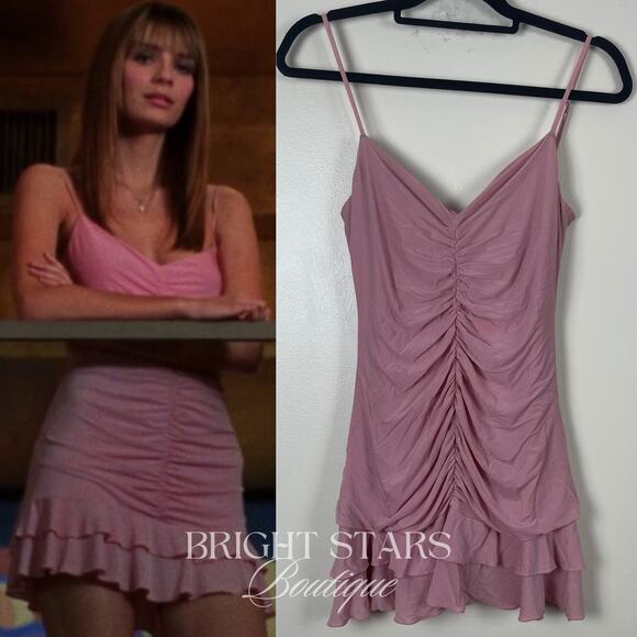 Rare Pink Ruched Mini Dress ASO Marissa Cooper The OC Ruffle Y2K Tiered Vintage - Picture 1 of 6